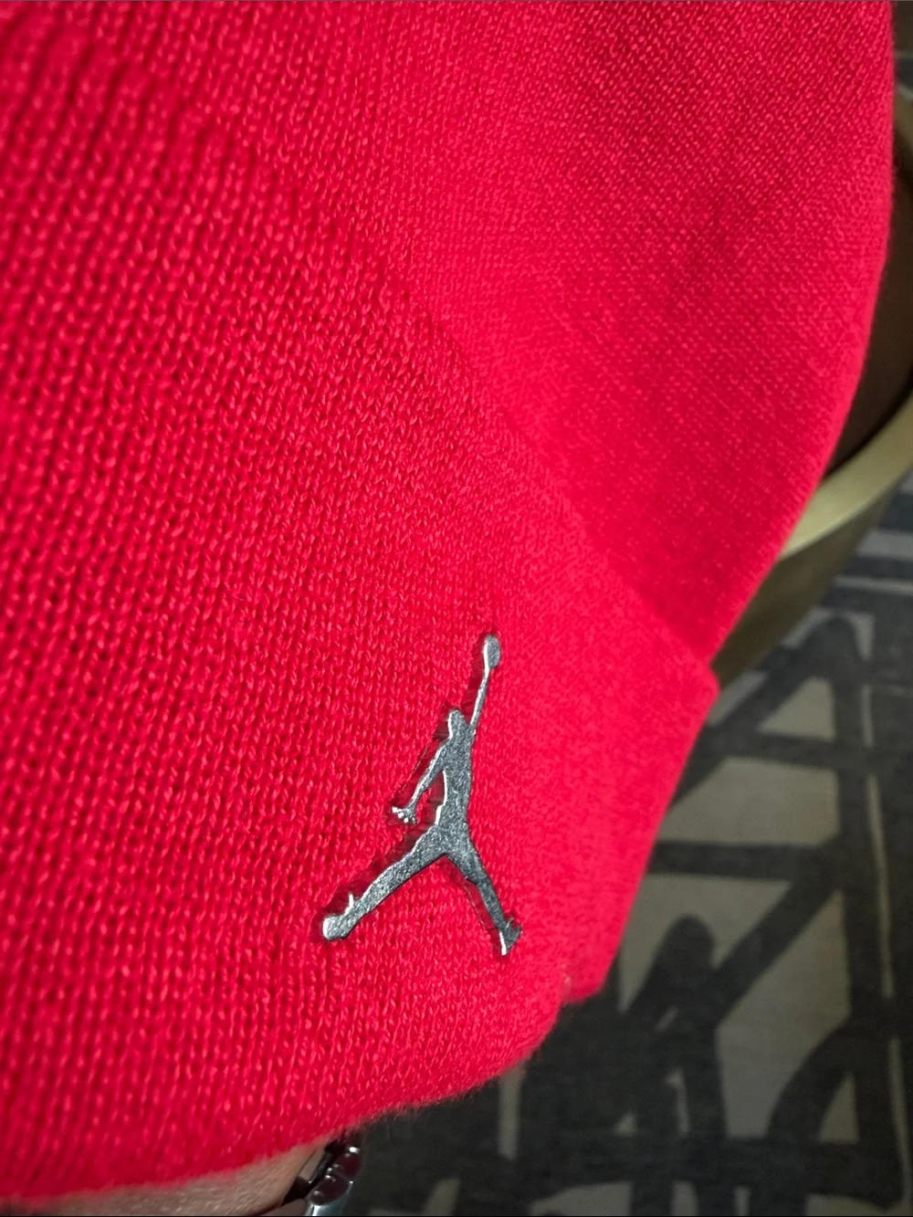 Jordan Red Cuffed Beanie with Gold Jumpman
